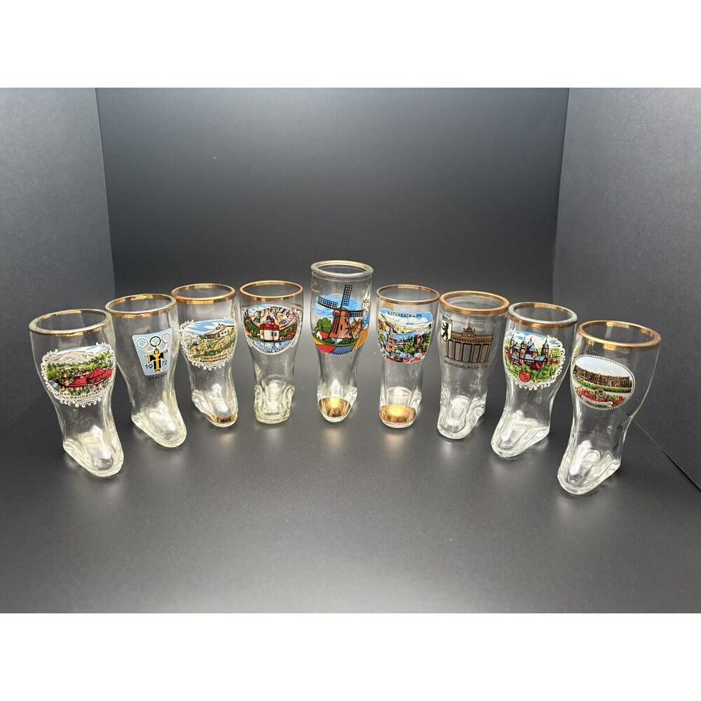 9 German Vintage Boot Shot Glass Gold Rim